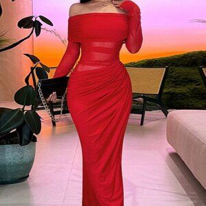 Red Elegant Women's Off-Shoulder Long Mesh Hollow-Out Bodycon Dress